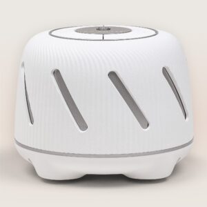 Front view of Dohm Connect sound machine showcasing white housing and gray ventilation slots with a neutral background