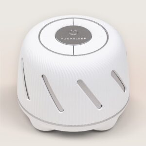 Front view of Dohm Connect white noise machine showcasing diagonal vent slots and top control dial on a light beige background