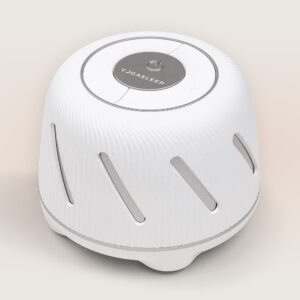 Front view of Dohm Connect white noise machine showcasing diagonal vent slots and top control dial on a light beige background