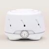 Front view of Dohm white noise machine showcasing ribbed white housing and center two-speed power switch on a soft beige background
