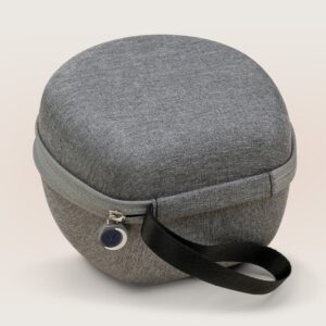 Three-quarter view of Dohm Travel Case showing gray linen exterior, zip closure and black carry strap