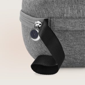 Close-up of Dohm Travel Case showcasing metal zipper pull and black carry strap loop with linen-gray fabric exterior