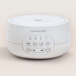 Front view of Dreamcenter sound machine with control panel, timer LEDs, sound and night-light buttons, and volume slider