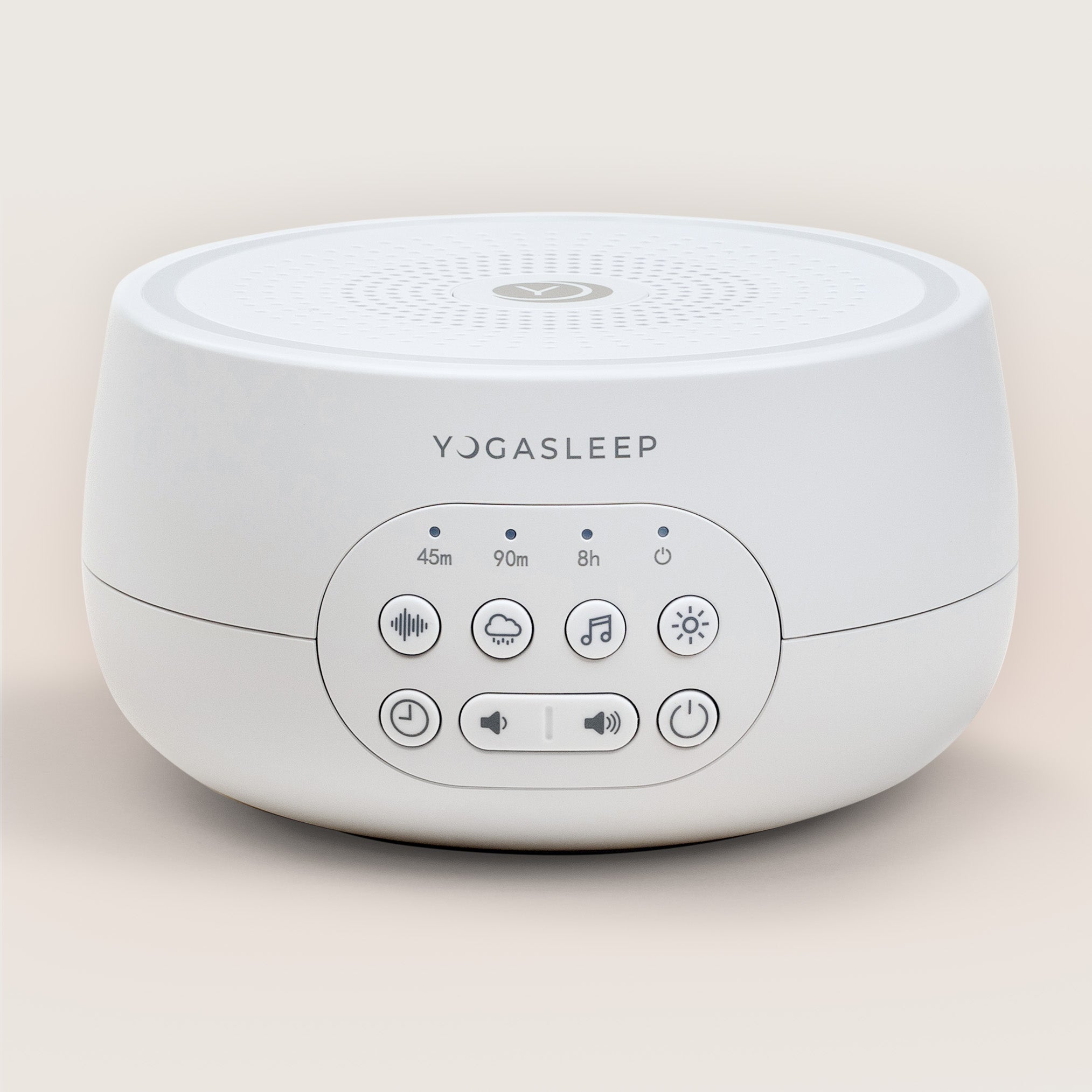 Front view of Dreamcenter sound machine with control panel, timer LEDs, sound and night-light buttons, and volume slider