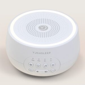 Three-quarter view of Dreamcenter sound machine with illuminated color ring night light and front controls showing 45m, 90m, 8h