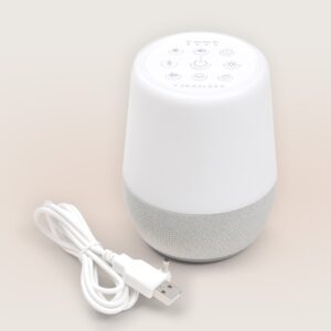 Front view of Duet sound machine with white touch controls, gray fabric speaker base, and USB cable on a light background
