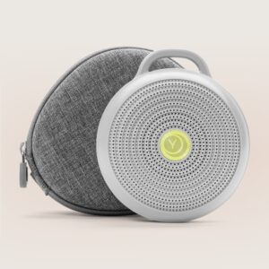 Front view of Hushh sound machine with carry loop and gray fabric travel case showing perforated grille on a light beige background