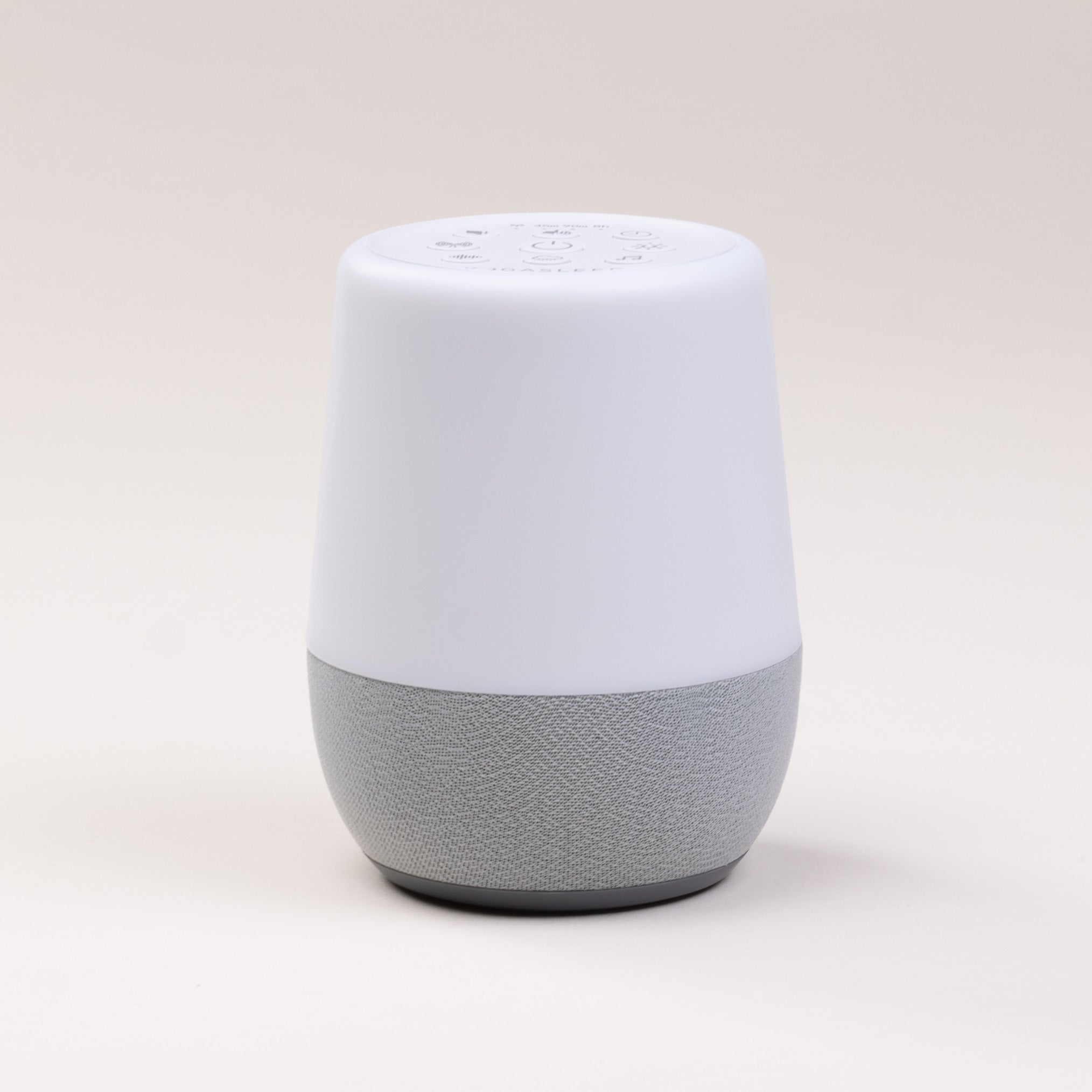 Front view of Duet sound machine showcasing top controls and gray fabric base against a light background