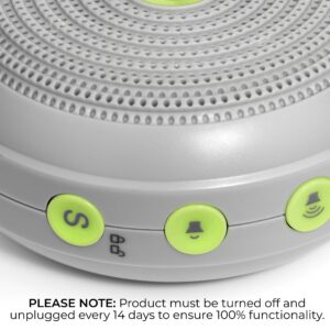 Front view of Hushh travel sound machine and case showcasing round speaker with three green control buttons on white